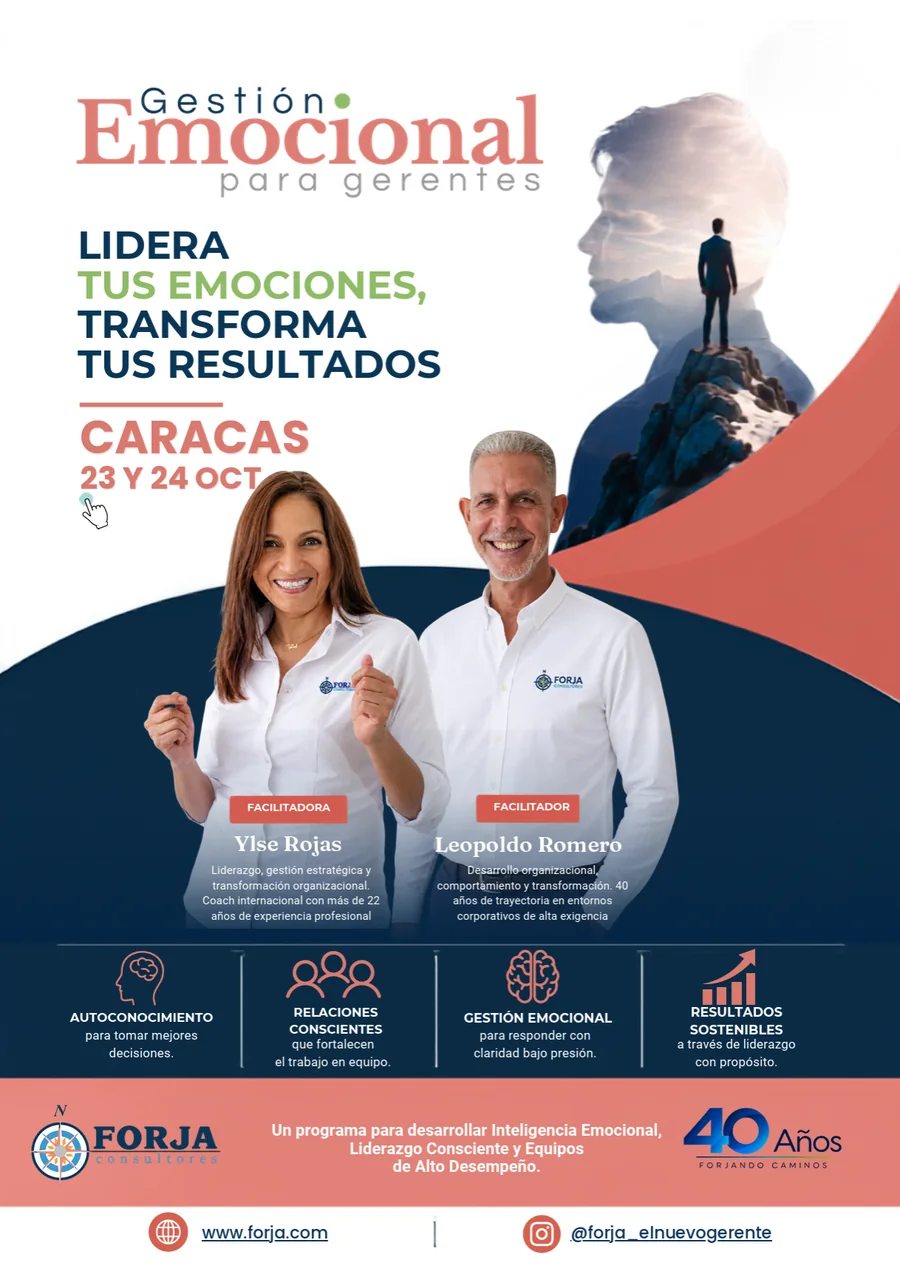 Afiche de Gestión Emocional para gerentes: Caracas, 23 y 24 de octubre, con los facilitadores Ylse Rojas y Leopoldo Romero, Forja Consultores