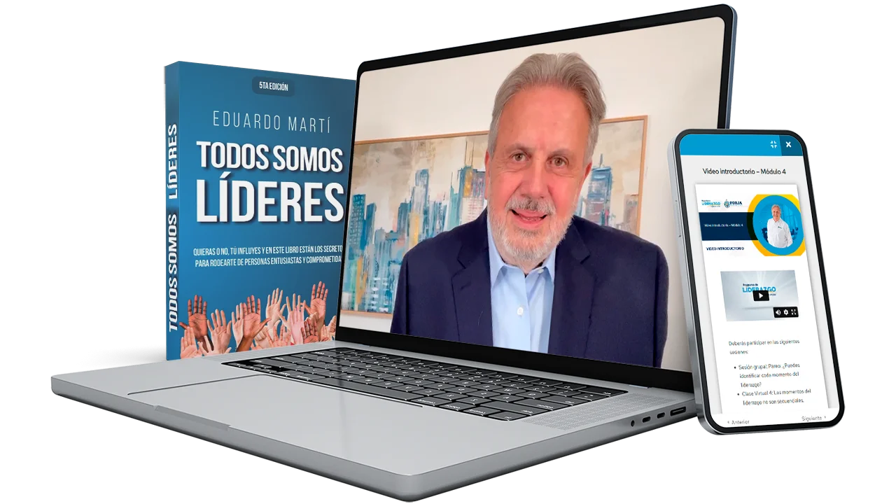 Libro Todos Somos Líderes, laptop y móvil del programa PLIO